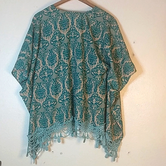 Emma's Closet Shawl Kimono Wrap teal tan print intricate chandelier fringe - Picture 9 of 13